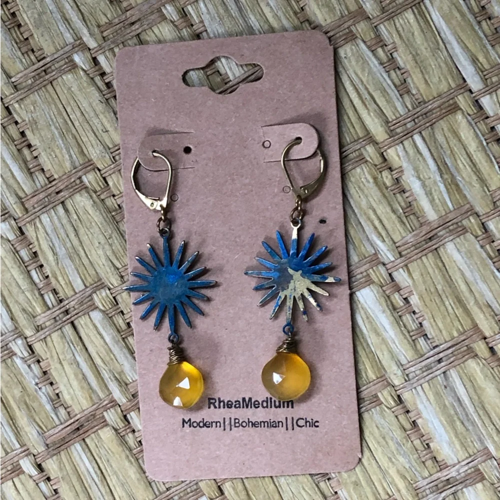 Handmade Yellow Chalcedony and Blue Painted Gold Star Earrings - Picture 2 of 3